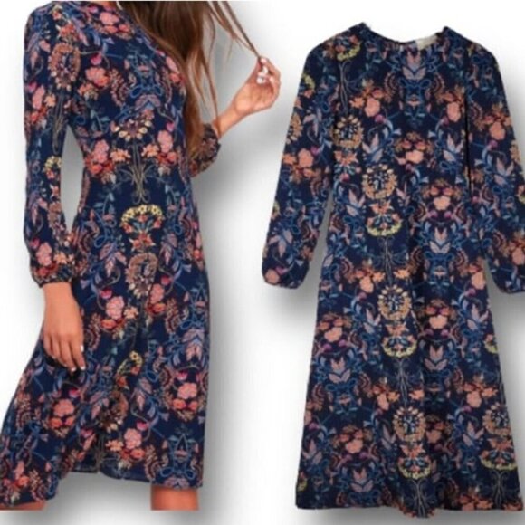 I.Madeline Garden Splendor Navy Blue Flora | Long Sleeve Midi Dress Sz: Small - Picture 7 of 16
